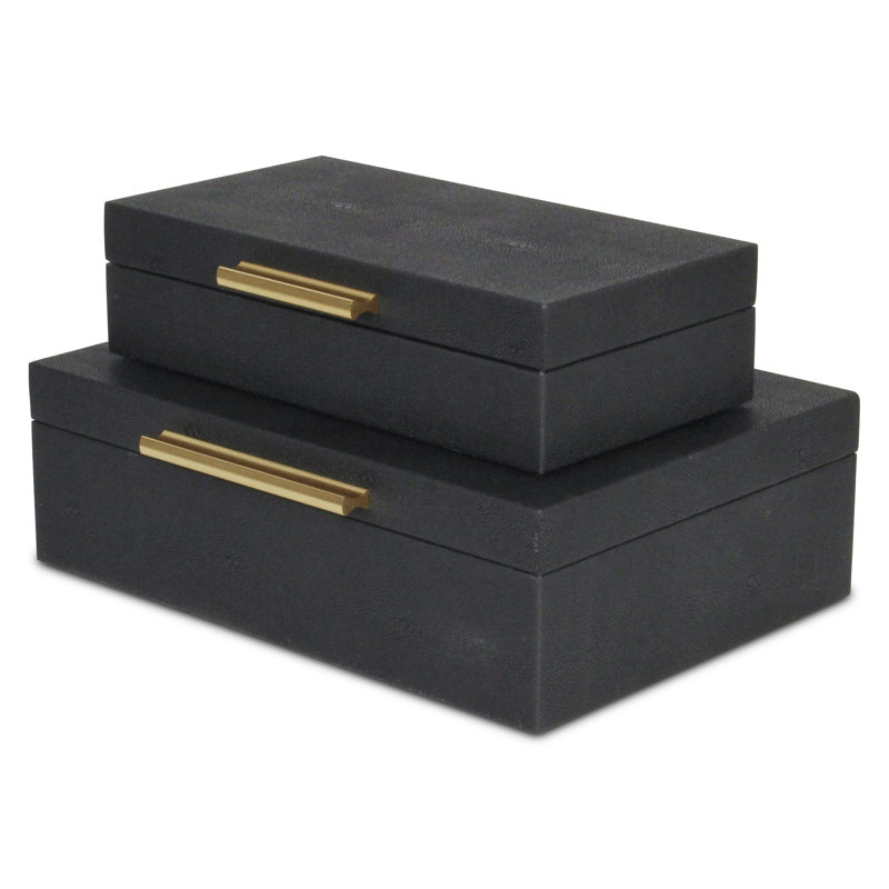 Lusan Rectangular Decorative Box Set - Black Faux Shagreen, Black