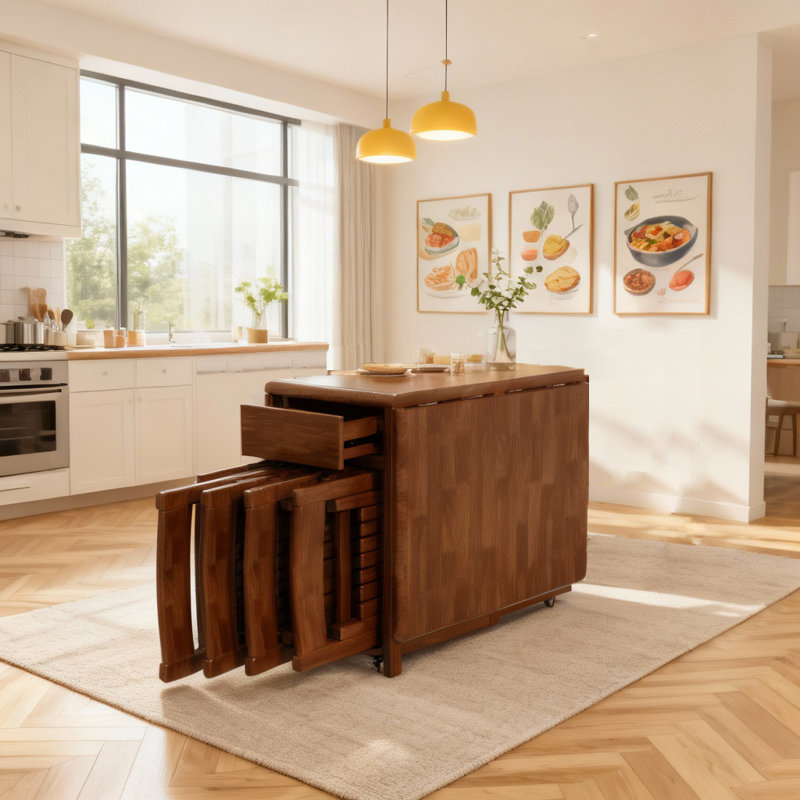 Retro Style Folding Dining Table With Wheels & Storage, 1.3M & 1.5M Walnut, 4-6 Seater Movable Kitchen Table For Small Spaces, Flats, Living Rooms Fully Assembled, No Assembly Required.( Table+4 Chairs)
