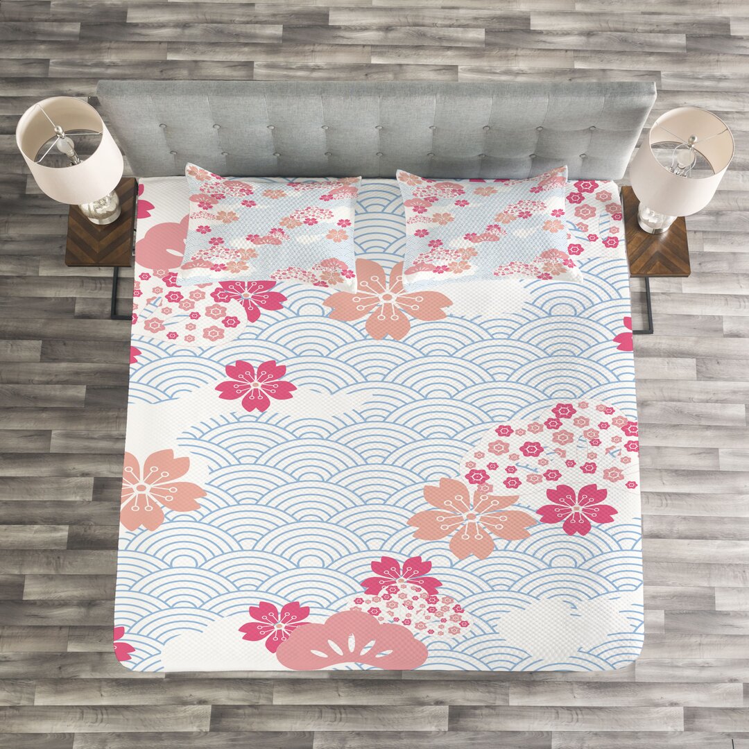 Gestepptes Bettdecken-Set, Squama Cherry Blossom, japanisch, Dunkle Koralle Hellblau