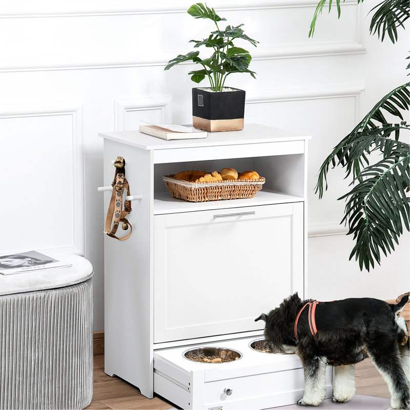 Rangement blanc pour animal de compagnie, bols surélevés et cintre pour chien