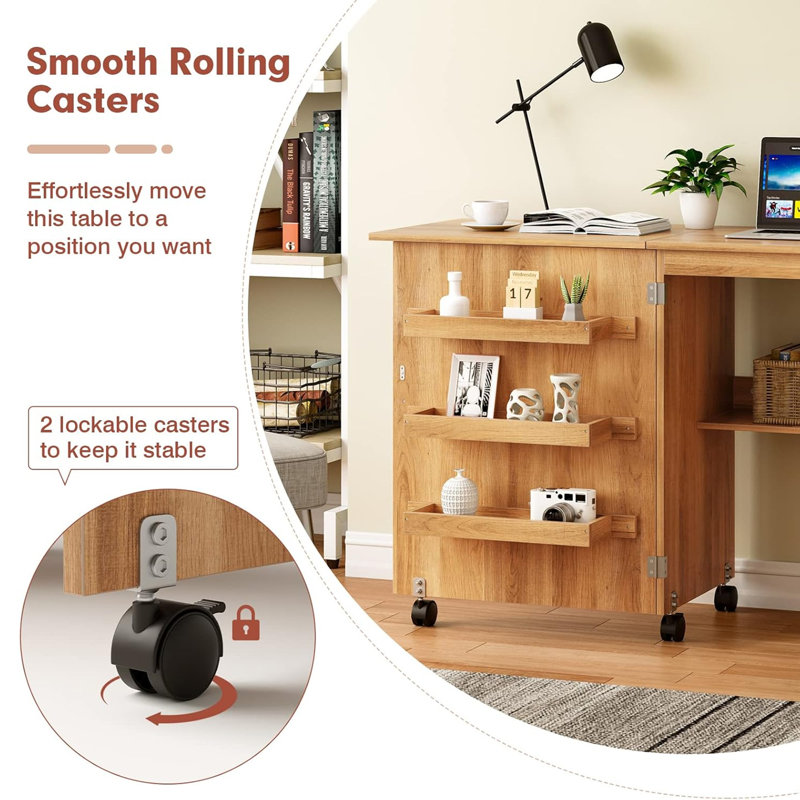 Folding Sewing Craft Table with 3 Storage Bins and Shelves
