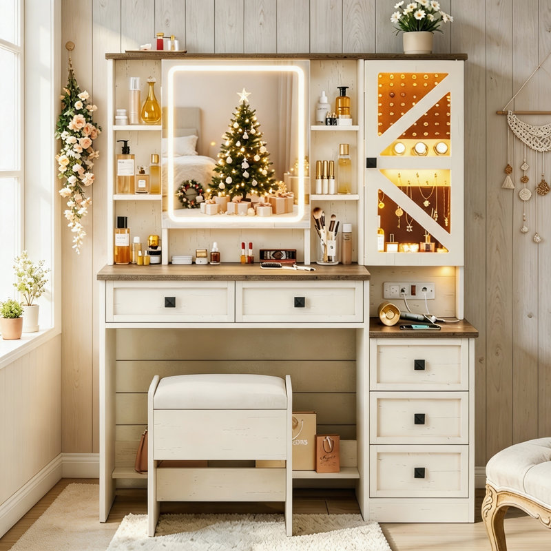 White Makeup Vanity Set with Lights and Mirror & Storage Stool Dressing Vanity Table for Bedroom, White