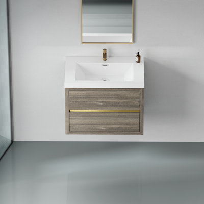 Meuble-lavabo mural 30 po avec lavabo, meuble de rangement flottant pour salle de bain avec comptoir en résine de pierre et tiroirs à fermeture en douceur, gris cendré 24V15-30AG