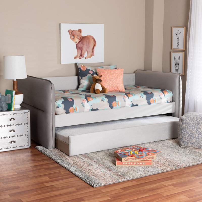 Lit de jour simple en velours gris clair Alishia Baxton Studio Finch, Lit simple