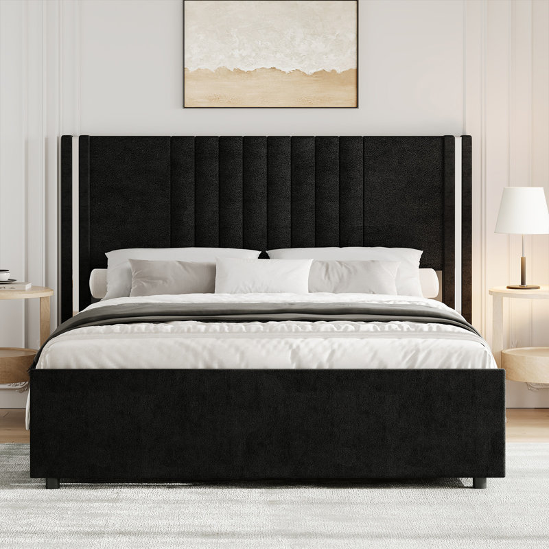 Velvet Upholstered Platform Bed with Channel Tufted Headboard, Chrome Finished Wing Edge, Wooden Slats, Black, Queen