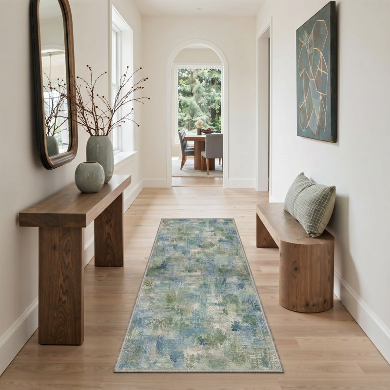 Tapis de couloir abstrait bleu / vert lavable à la machine avec envers antidérapant, Tapis de couloir 2 pi 6 po x 8 pi