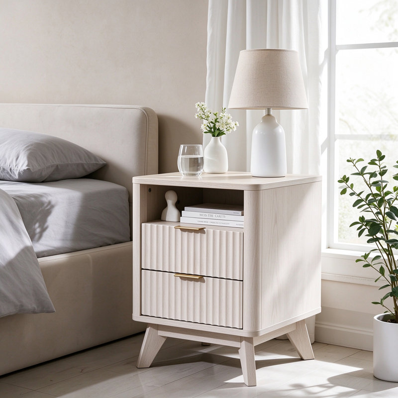 Ensemble de 2 tables de chevet cannelées avec station de charge et rangement intégrés, Aulne blanc