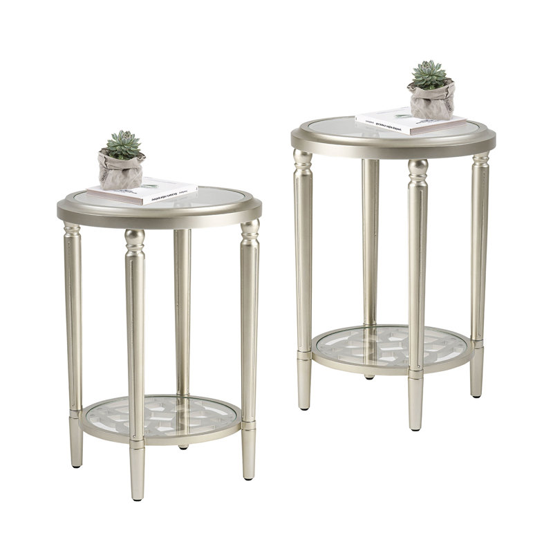 Champagne Round MDF and Glass End Table Set with Storage Shelf