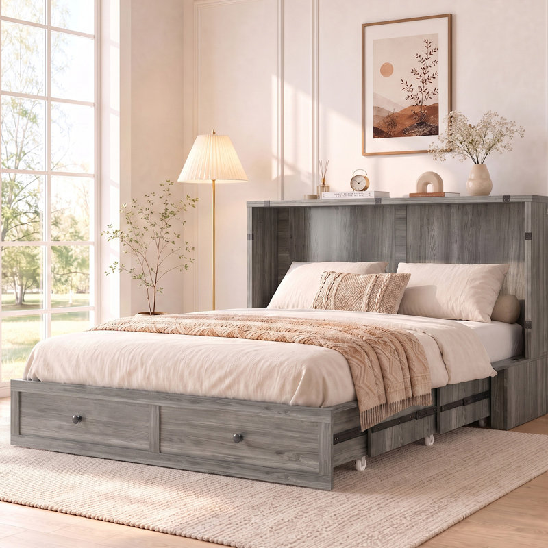 Queen Size Murphy Bed Cabinet with USB Charging & Drawer, Grey, Queen