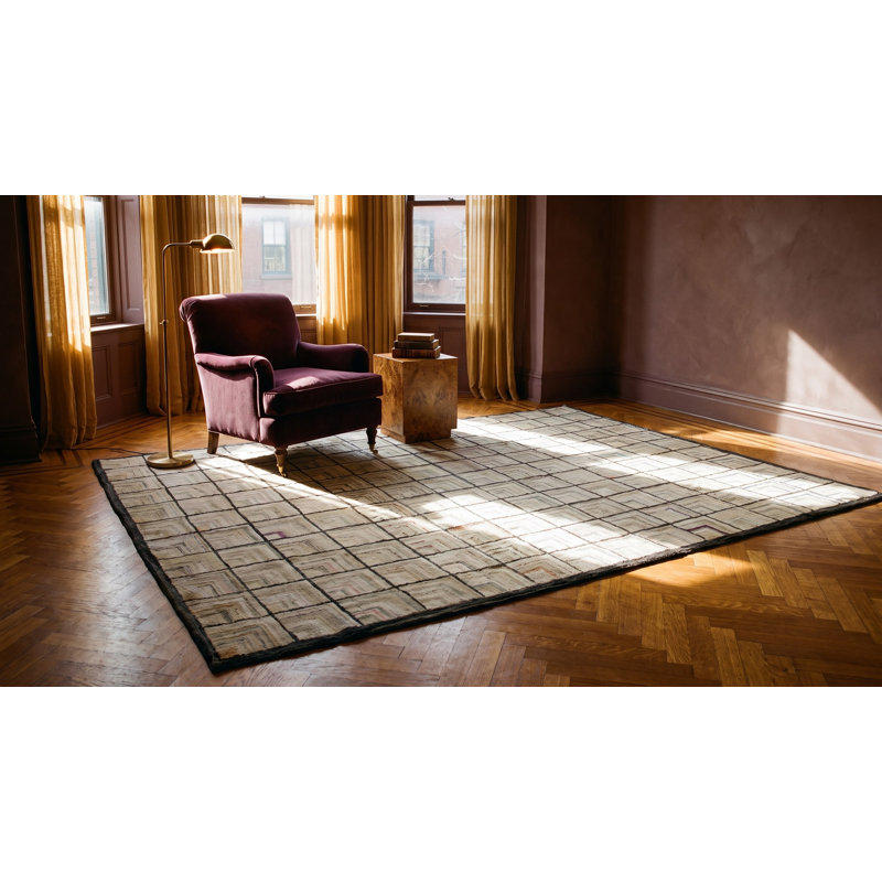 Light Ivory Color Antique American Folk Art Geometric Log Cabin Pattern Hooked Rug