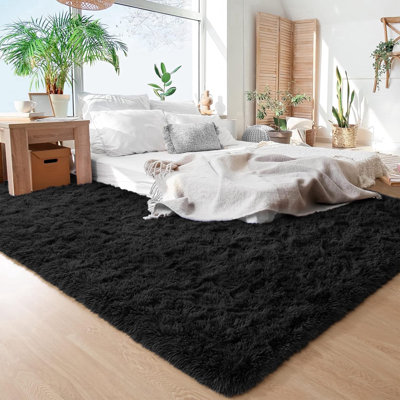 Tapis noir moelleux 6 pi x 9 pi pour salon chambre moderne noir