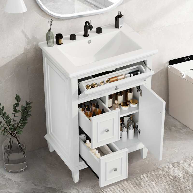 24" Bathroom Vanity Cabinet With Ceramic Sink, White