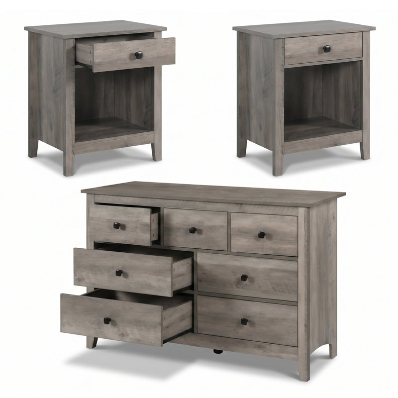 Ensemble de commode 3 tiroirs 3 pièces avec 2 tables de chevet de la collection Farmhouse, Grey