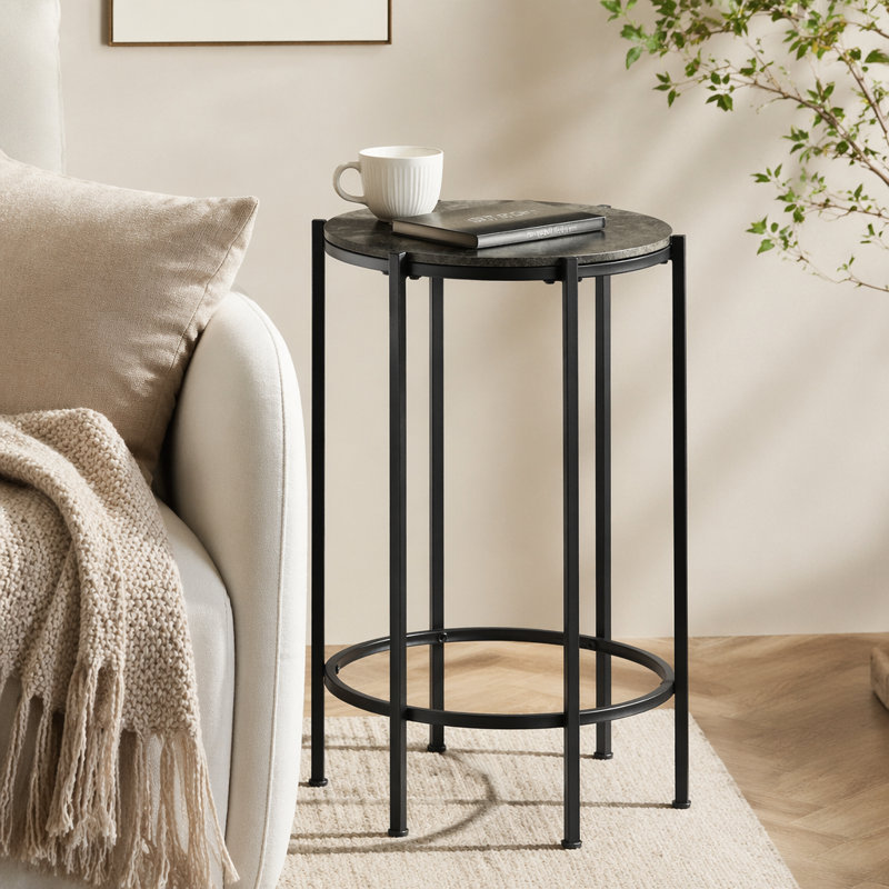 Table d'appoint, bout, rond, table d'appoint, petite lampe, salon, chambre à coucher, table de chevet, stratifié bronze foncé, métal noir, table d'appoint contemporaine