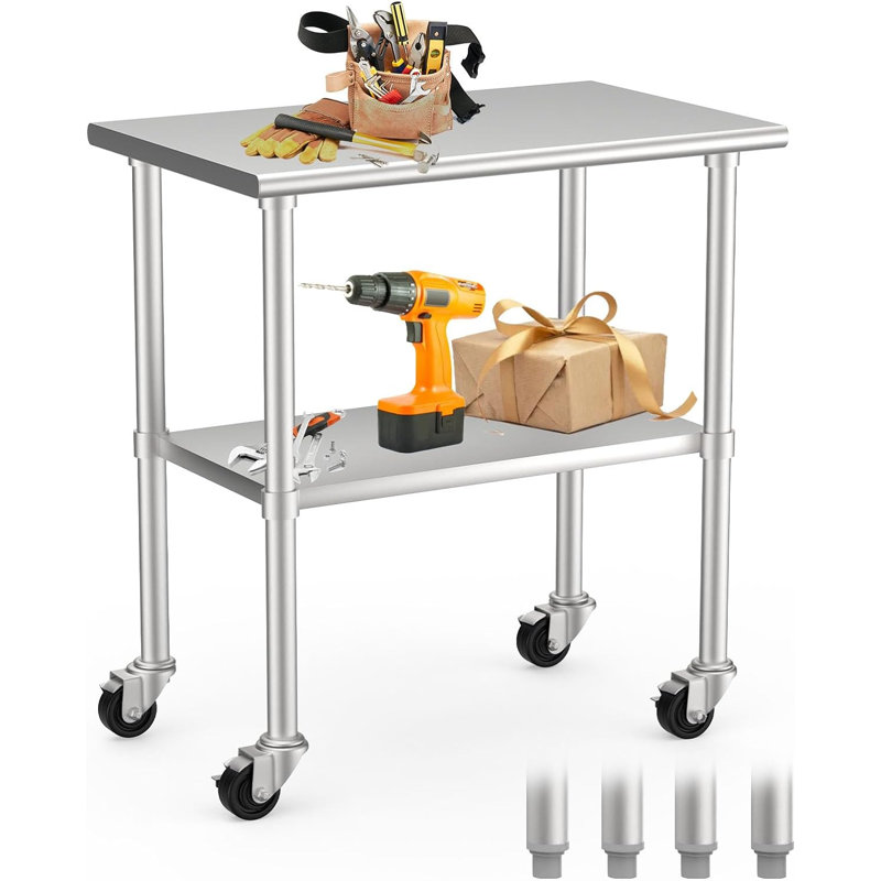 Table de préparation en acier inoxydable 430 avec roulettes, table de préparation en acier inoxydable 430 avec roulettes, table d'extérieur en métal pour cuisine, hôtel et garage, barbecue
