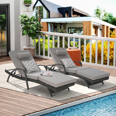 Outdoor Wicker Long Reclining Chair Set of 2 with Cushions