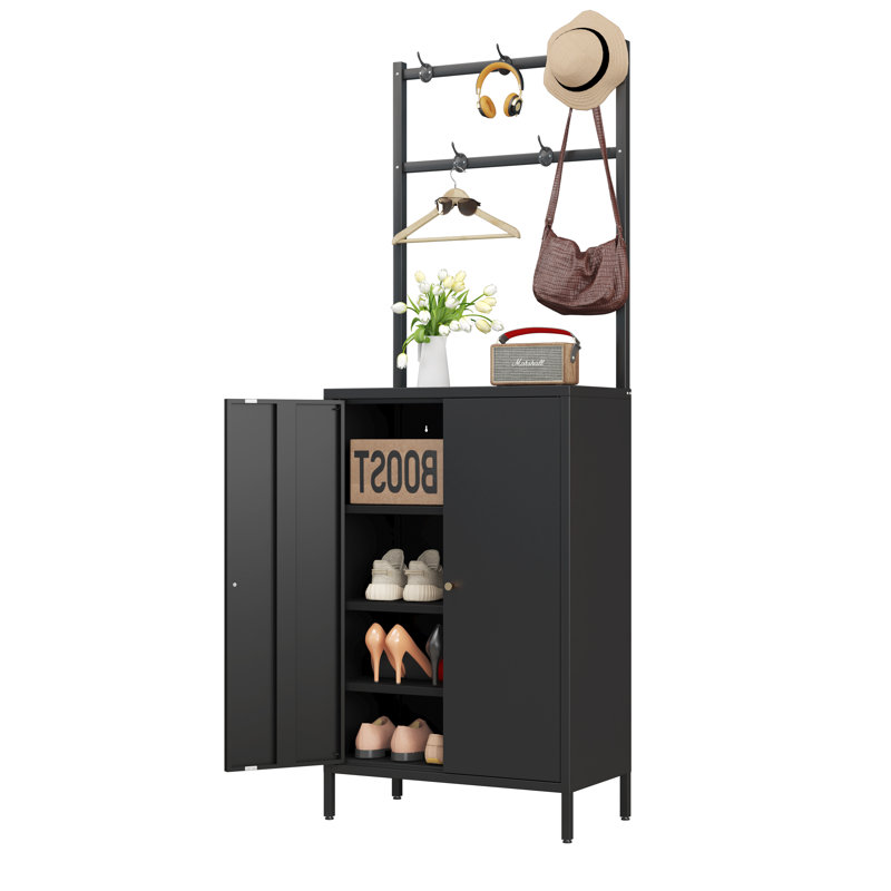 Shoe Cabinet,shoe Cabinet With 3 Adjustable Shelves & Coat Rack,farmhouse Shoe Storage Cabinet With Doors,metal Shoes Rack Organizer For Entryway, Hallway, Closet, Living Room