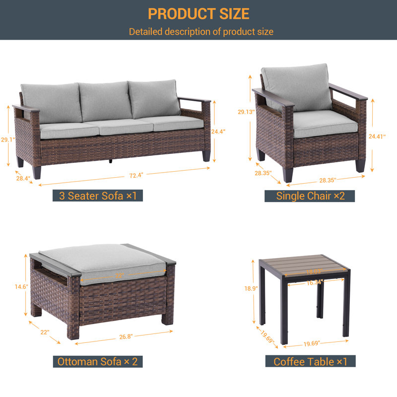 Ensemble de canapé de patio en rotin 6 pièces PE, ensemble de conversation de mobilier d'extérieur toutes saisons avec table basse, canapé modulaire robuste pour terrasse avec jardin et terrasse