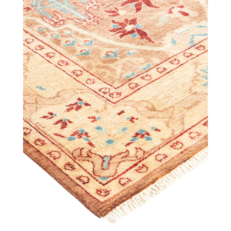 Tapis unique noué à la main brun / ivoire / rouge / bleu Eclectic 4 pi 1 po x 6 pi 2 po