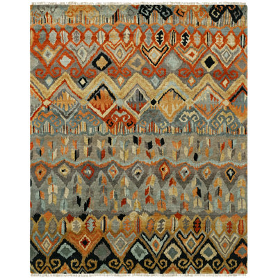 Artisan Hand Knotted Wool Southwestern Area Rug in Steel Blue; Earth; Ivory; Rust