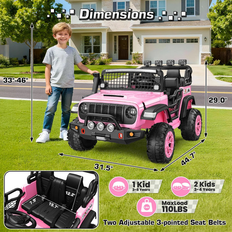 Voiture électrique 2 places 24 Volt pour enfants, 400 W avec autos avec télécommande, véhicule avec Bluetooth, musique, affichage de puissance, vitesse élevée / basse, contrôle de la lumière, suspension, rose