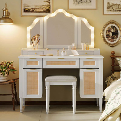 Ensemble de coiffeuse avec tabouret, 13 ampoules Hollywood et 3 modes d'éclairage pour coiffeuse, grande coiffeuse à miroir pliable en trois avec tabouret rembourré, station de charge et beaucoup de rangement