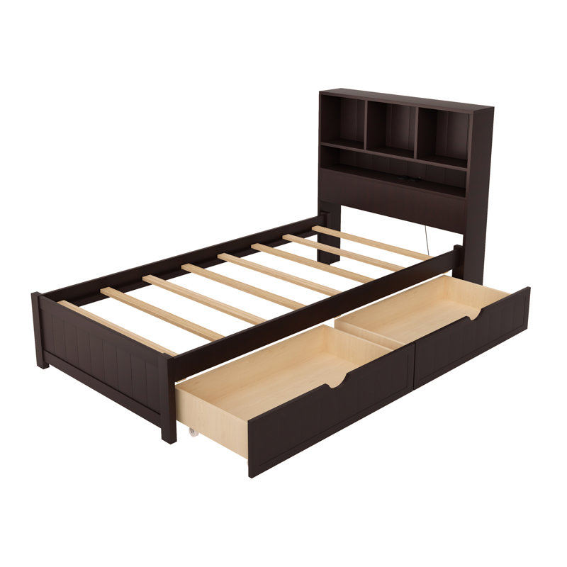 Bed with Charging Station, and 2 Side Drawers, Twin, Espresso