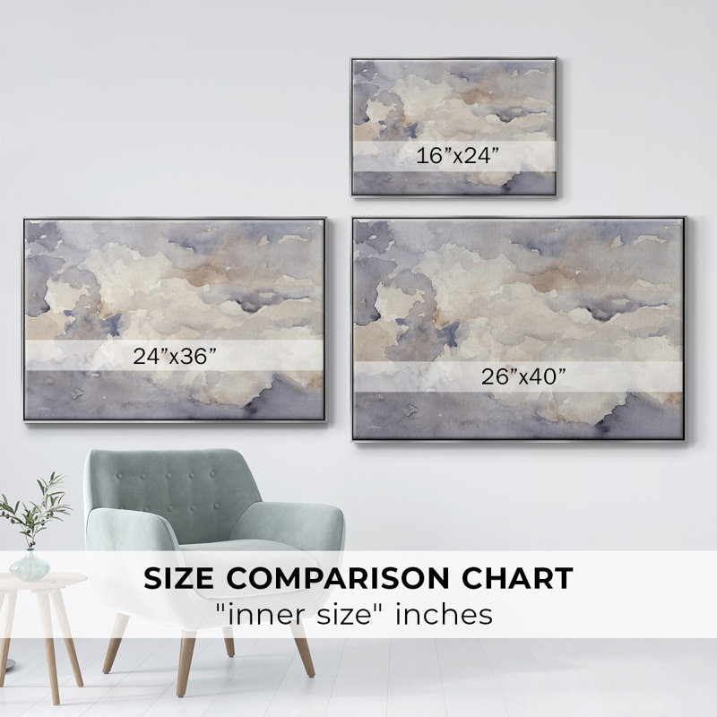 «Clouds In Neutral II», peinture sur toile encadrée, H 17 po x l 25 po x P 2 po, Encadrement argenté
