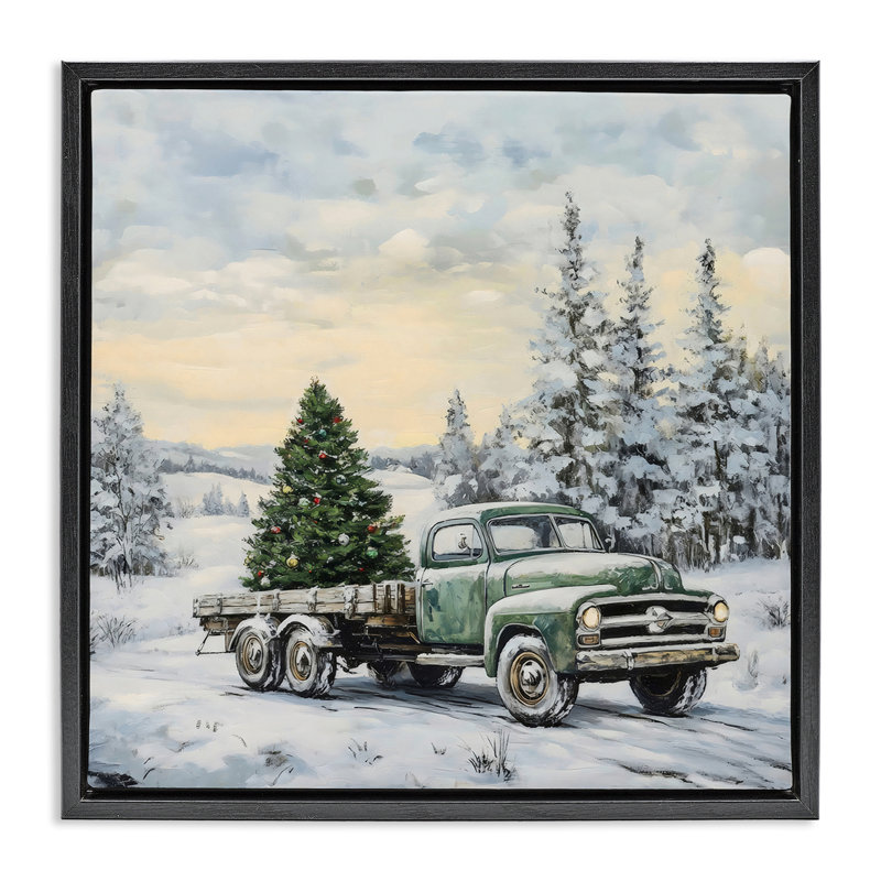 Cadre flottant camion de Noël vert, design par Petal Prints Design, Cadre flottant noir de jais, H 18 po x l 18 po