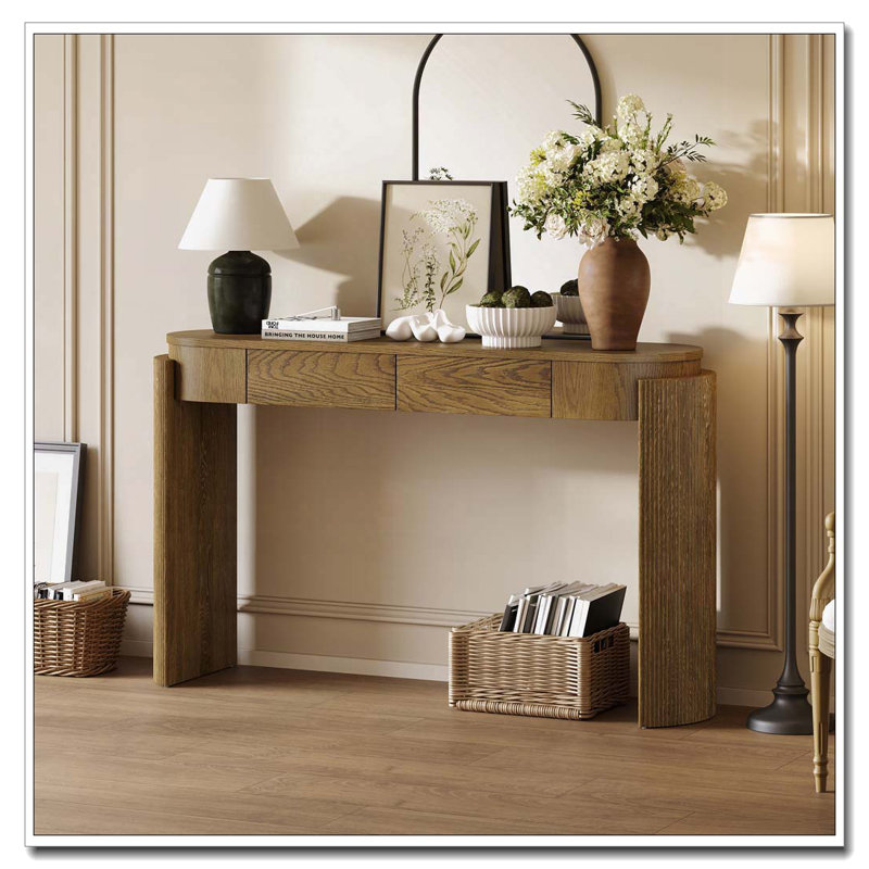 Console en bois avec 4 tiroirs, tablette ouverte pour les entrées, les salons et les couloirs, Pinède