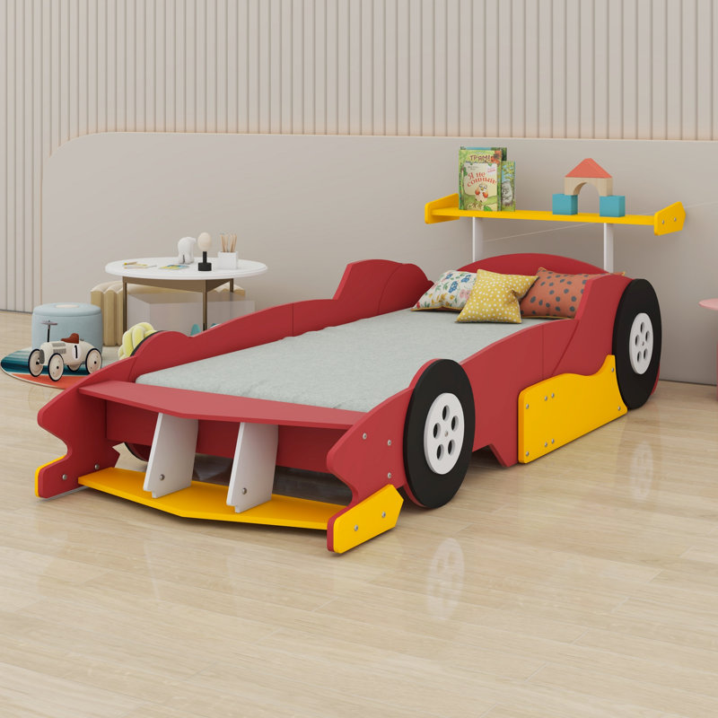 Race Car-Shaped Platform Bed With Wheels, Red