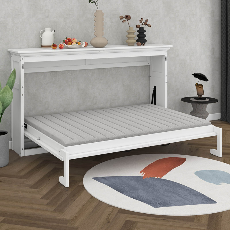 Lit escamotable en bois avec tablette, lit escamotable Farmhouse avec rangement, Lit simple, Blanc
