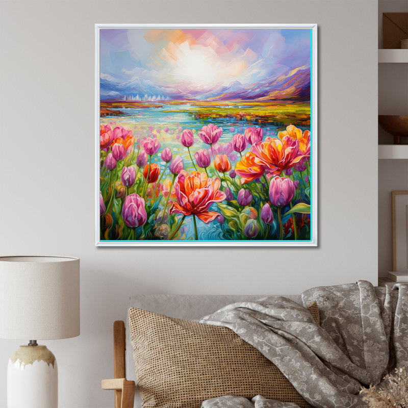 «Purple Tulips Field By The River II», reproduction sur toile, Cadre flottant blanc, H 24 po x l 24 po x P 1 po