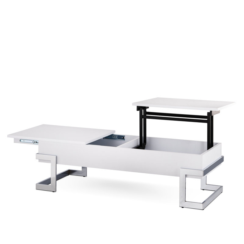 Table basse blanche ultrabrillante avec fonction relevable pratique, Blanc