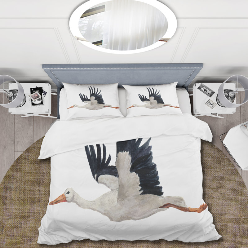 Cigogne volante blanche - Ensemble de housse de couette traditionnel - Polyester en microfibre