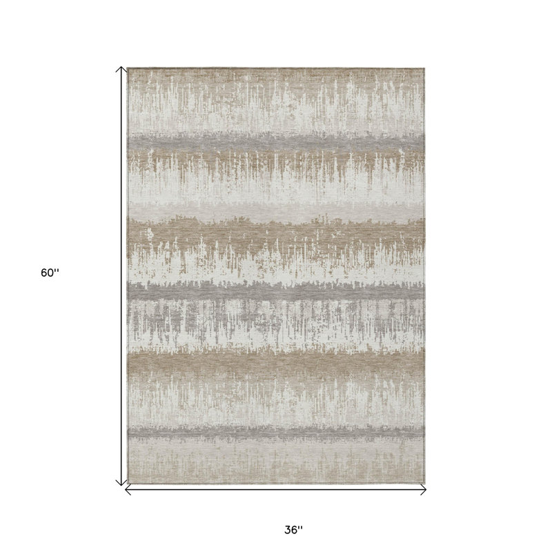3' X 5' Ivory Gray And Beige Striped Washable Indoor Outdoor Area Rug