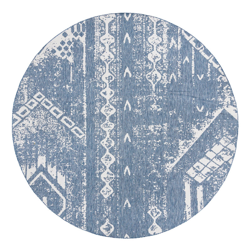 Bonnetta Geometric Machine Woven Polypropylene Indoor / Outdoor Area Rug in Blue/Ivory, Round 13'