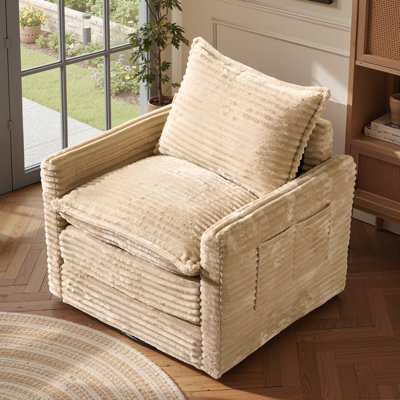 Fauteuil d'appoint pivotant en velours côtelé de 31 po de largeur avec poche latérale, chaise longue pivotante à 360 °, fauteuil rembourré à double coussin pour le salon
