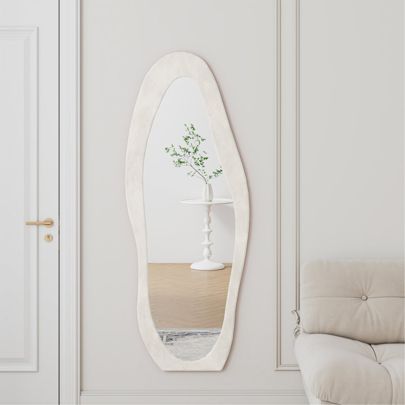 Full Length Mirror, 63" X 24" Floor Mirror/ Wall Mirror, Flannel Wrapped Wooden Frame Floor Mirror,Irregular Wavy Mirror Standing/Halling Large Wall Mirror For Bedroom,Living Room, Dressing Room