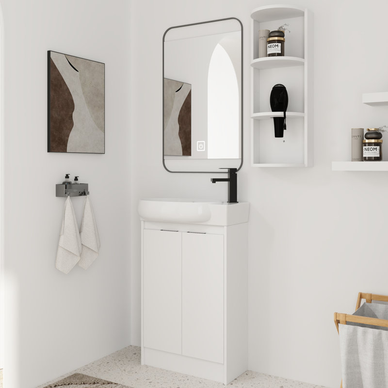 Meuble-lavabo simple autoportant de 23 po avec plateau en céramique et support de rangement flottant, Blanc