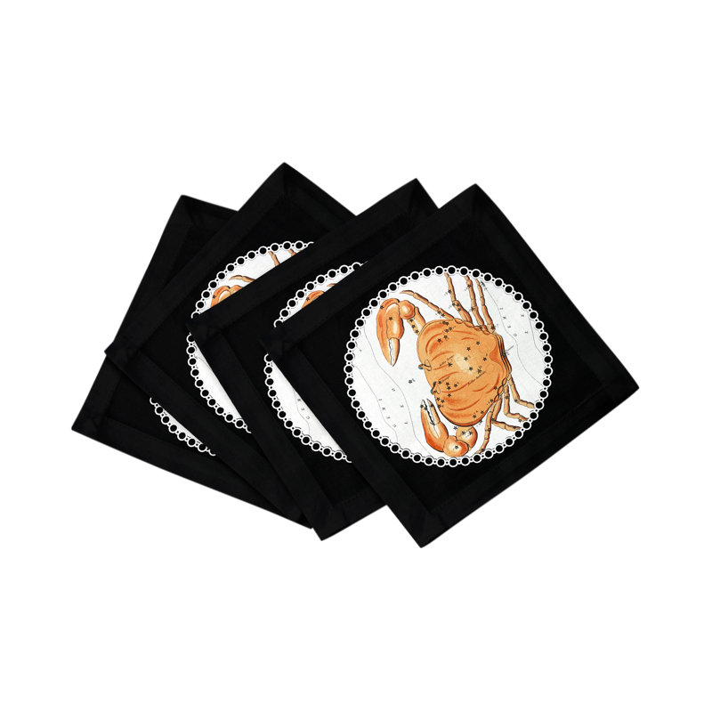 Zodiac Cancer Cotton Sateen Cocktail Napkins, Black