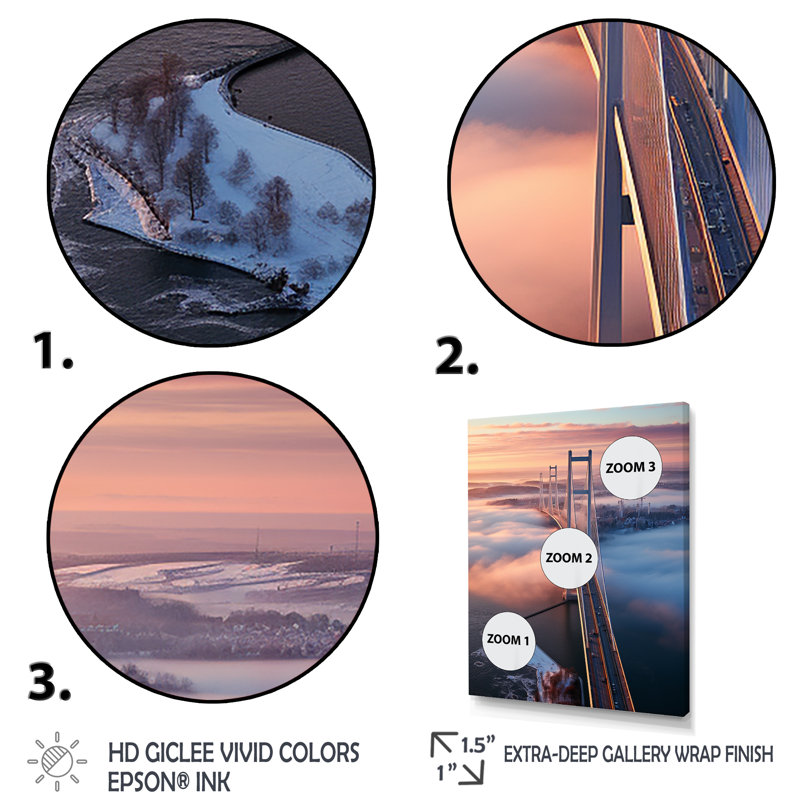«Blue and Pink Bridge Sunset Views 1 - Bridges», art mural, Cadre flottant doré, H 32 po x l 16 po