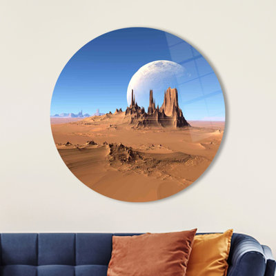 Moon Over Desert View Glass Wall Art Featuring An Abstract Planet Landscape For Elegant Wall Decoration