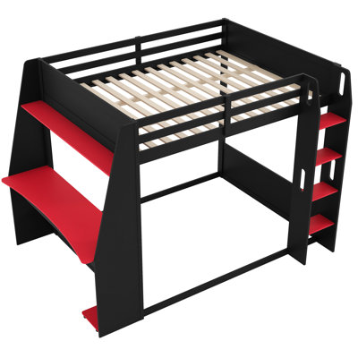 Lit superposé double en bois pleine grandeur avec bureau, tablettes de rangement, ports de chargement USB, lumière DEL, cadre de lit rouge