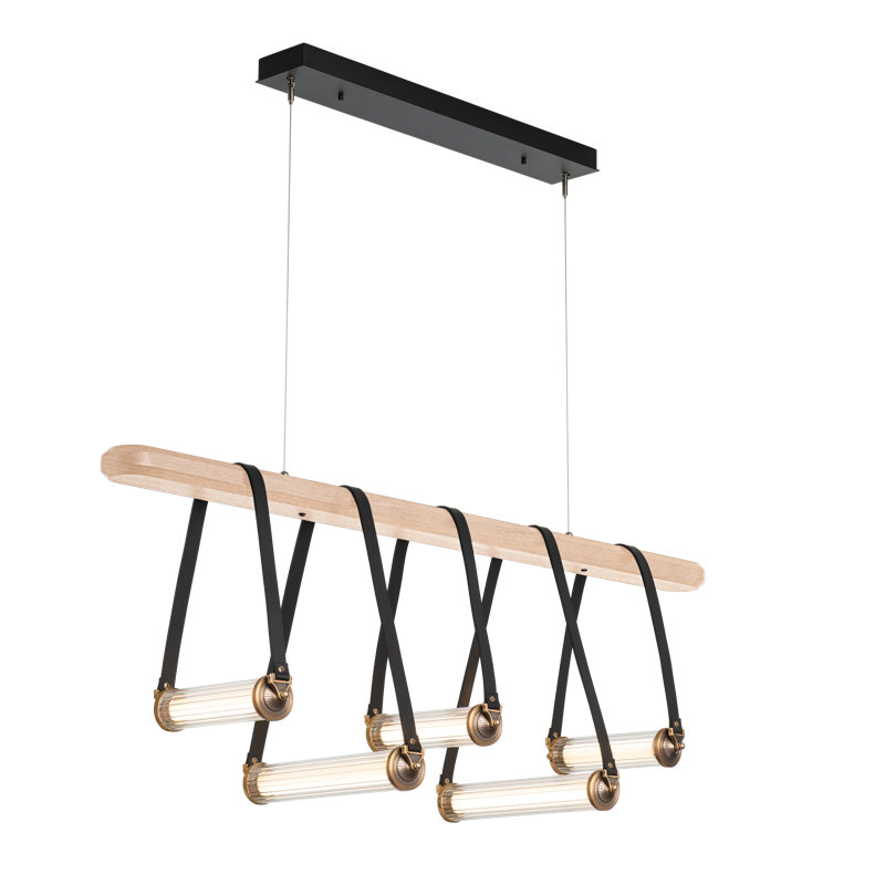 York 5 - Light Kitchen Island Linear LED Pendant, Maple Wood, Antique Brass, Black Leather