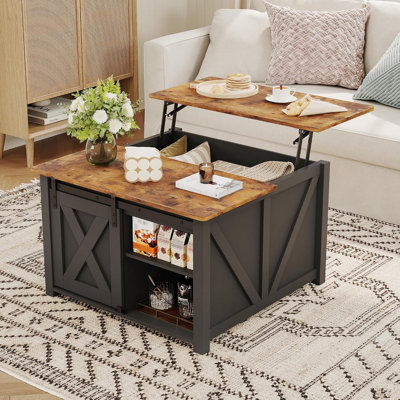 Table basse à plateau relevable avec rangement, table de ferme carrée 31,5 po avec porte de grange coulissante et tablettes réglables pour le salon