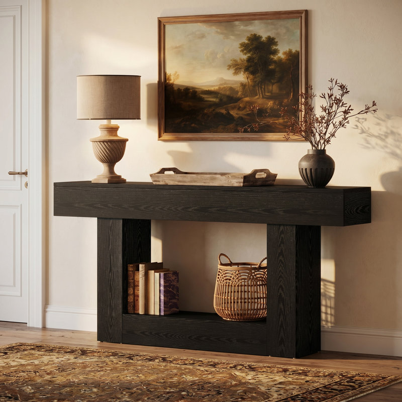 Console 63 po avec tablettes à 2 niveaux, table d'entrée avec base en U, canapé long et étroit pour vestibule, vestibule