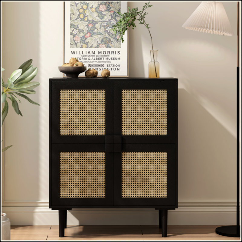 4-Doors Rattan Mesh Storage Cabinet, Sideboard With Eight Storage Spaces, For Entryway, Living Room, Hallway, Black