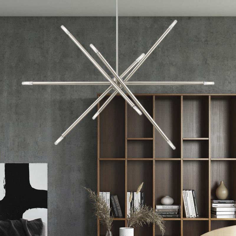 Lustre linéaire spoutnik moderne à 10 lumières Asherah, Nickel brossé