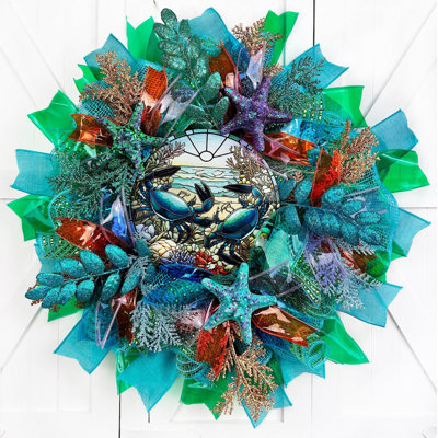 Faux Stained Glass Blue Crabs Coastal Wreath